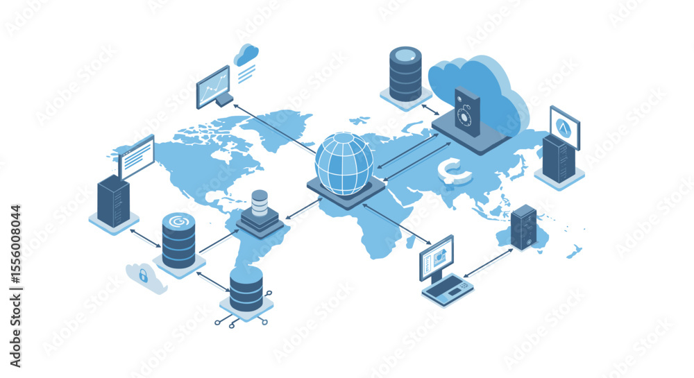 Poster global network infrastructure vector illustration - flat design for it and data management concepts