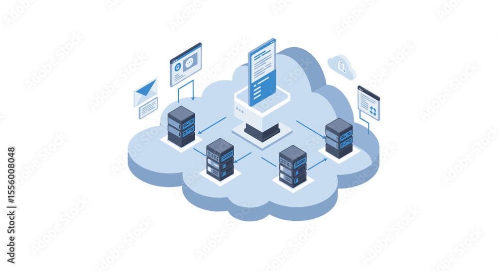 Poster cloud computing systems vector illustration – technology concept in isometric style for digital desi