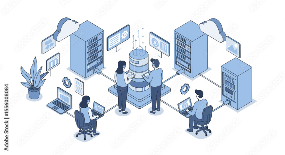 Aufkleber teamwork in data management: isometric vector illustration for technology and it solutions