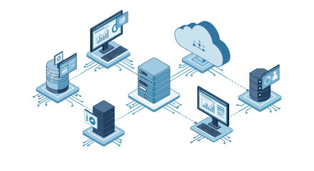 Isometric server network vector illustration for cloud computing and data management design