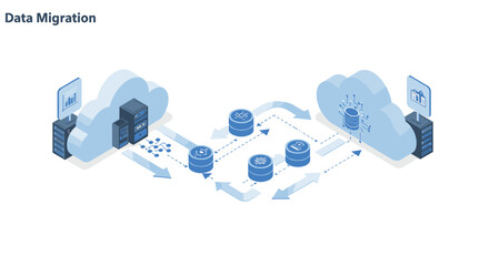 Naklejka na ściany i meble Data migration cloud concept vector illustration for technology poster in isometric style
