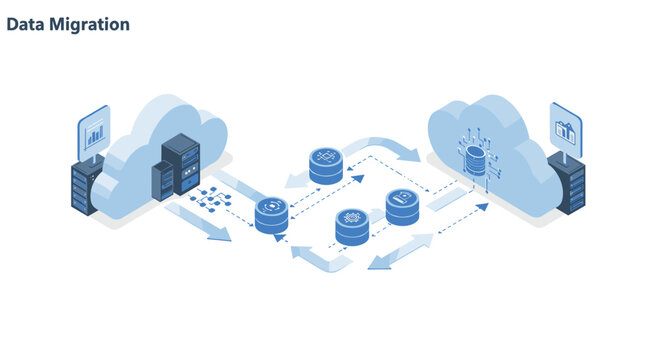 Data migration cloud concept vector illustration for technology poster in isometric style