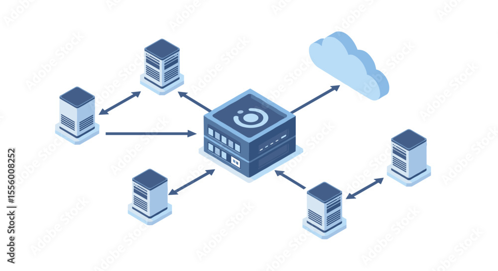 Poster cloud networking data system isometric vector illustration for technology design