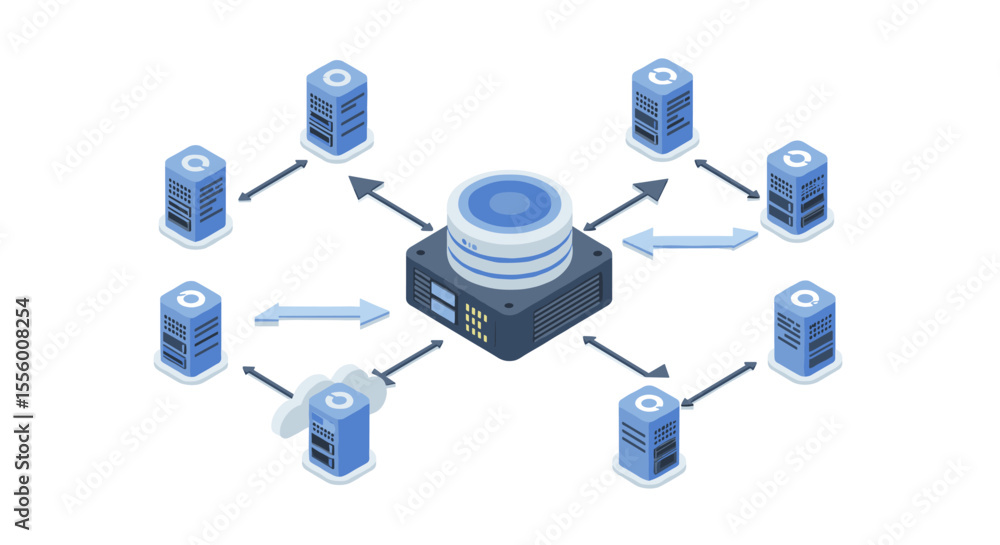 Poster data network concept with server connections vector illustration for technology design in isometric 