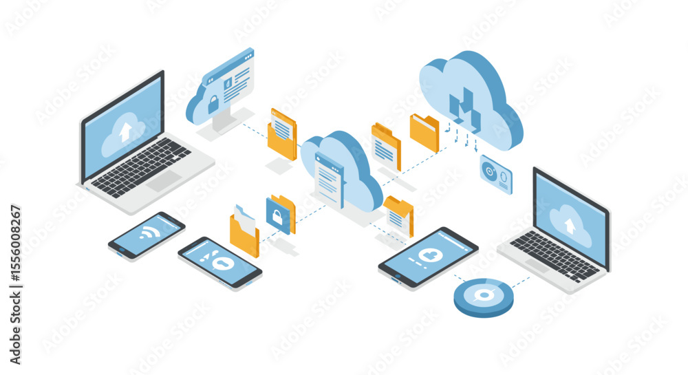 Poster cloud computing and data transfer vector illustration in isometric style for tech posters