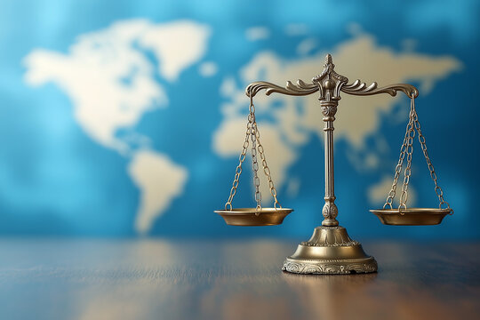 Scales of law balancing diplomacy over globe, representing international justice - Powered by Adobe