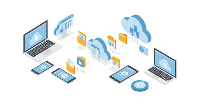Cloud computing and data transfer vector illustration in isometric style for tech posters