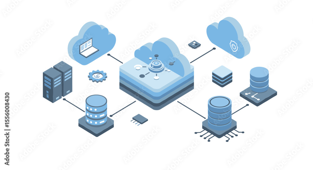 Poster cloud computing network architecture vector illustration for design in isometric style