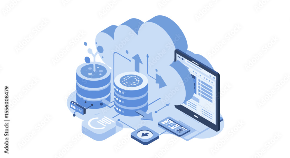 Poster isometric cloud computing and data storage vector illustration for digital transformation design