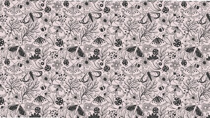 Seamless pattern featuring moths, flowers, ladybugs, and bees in a black and white sketch style