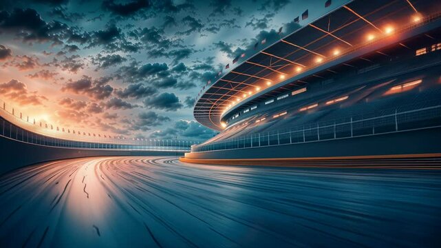 Fast ride on empty racing track and crowd of people cheering on grandstands.