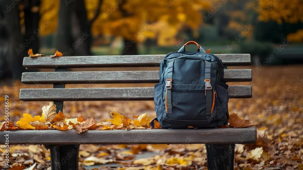 Poster backpack resting on a park bench covered with colorful autumn leaves, evoking the back to school atm