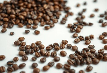 Obraz premium Close-up of roasted coffee beans scattered on a white surface, ample copy space, dark, element