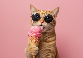 Fototapeta premium Funny ginger cat licking ice cream cone on pink background