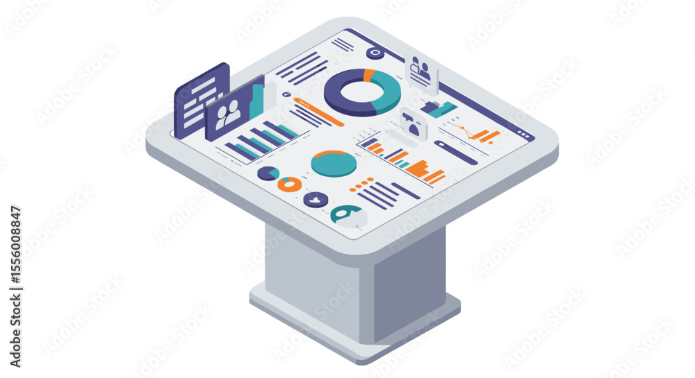Poster interactive data analytics display vector illustration - isometric design for business and technolog