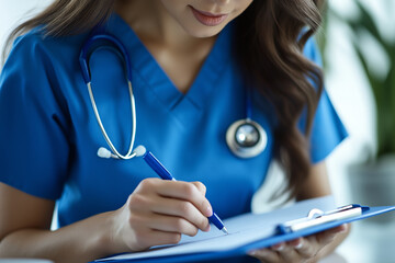 Doctor holding pen and reviewing patient chart for diagnosis, ideal for clinic and healthcare visuals