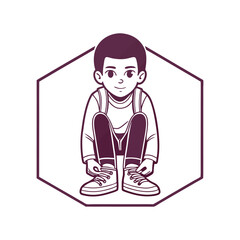 Boy Tying Shoelaces: A cheerful young boy sits on the floor tying his shoelaces, his expression reflecting concentration and determination.  The illustration is framed within a hexagonal shape.