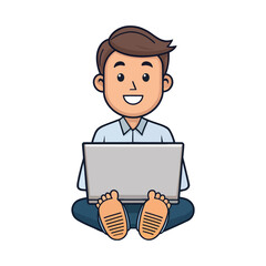 Digital Nomad: A young, smiling individual sits cross-legged, fully engaged with their laptop, illustrating the modern lifestyle of remote work and digital connectivity.