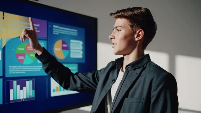 Confident high school student presenting data analysis using interactive whiteboard, showcasing graphs and charts while engaging classmates through digital learning technology