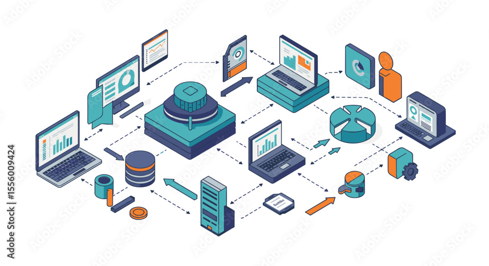 Poster isometric business process automation vector illustration for digital workflow design