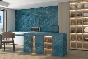 Minimalist kitchen interior with colored marble countertop with full height backsplash and sink installed in center island. 3D Rendering