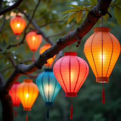Obraz premium Multicolored paper lanterns hung between the trees, the light of late afternoon. A festive mood in the park.