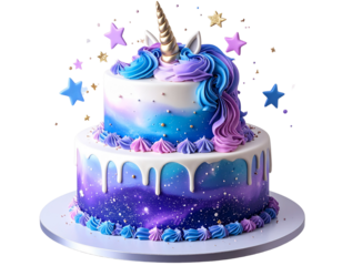 Unicorn fantasy cake with galaxy swirl frosting and floating stars, isolated on transparent background PNG