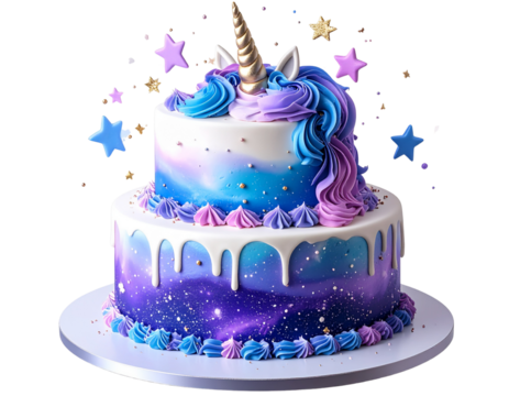 Unicorn fantasy cake with galaxy swirl frosting and floating stars, isolated on transparent background PNG - Powered by Adobe