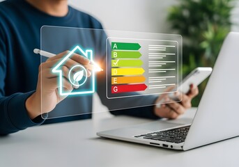 Energy efficiency Improvement concept, Eco-friendly homes for sustainable development. Businessman using laptop to energy efficiency rating assessment.