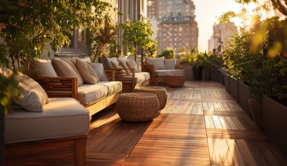 Fototapeta premium Golden Hour Serenity: Luxurious Rooftop Terrace with City Views