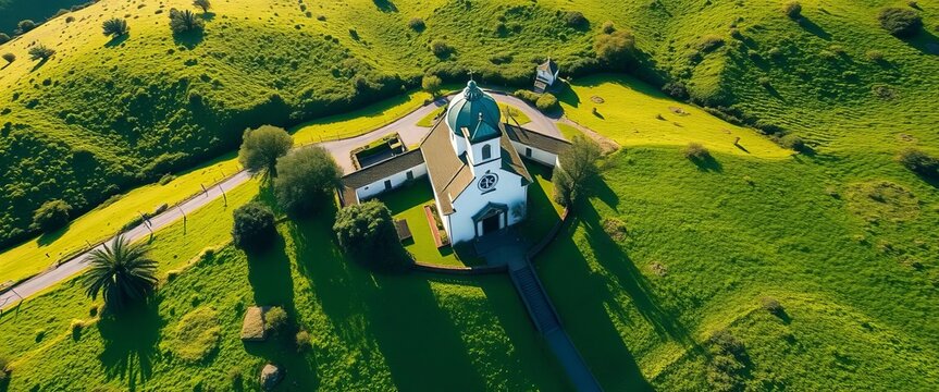 Aerial view of Ermida Nossa Senhora da Paz, Vila Franca do Campo, Azores Lush green landscape surrounds the church, religious, amazing