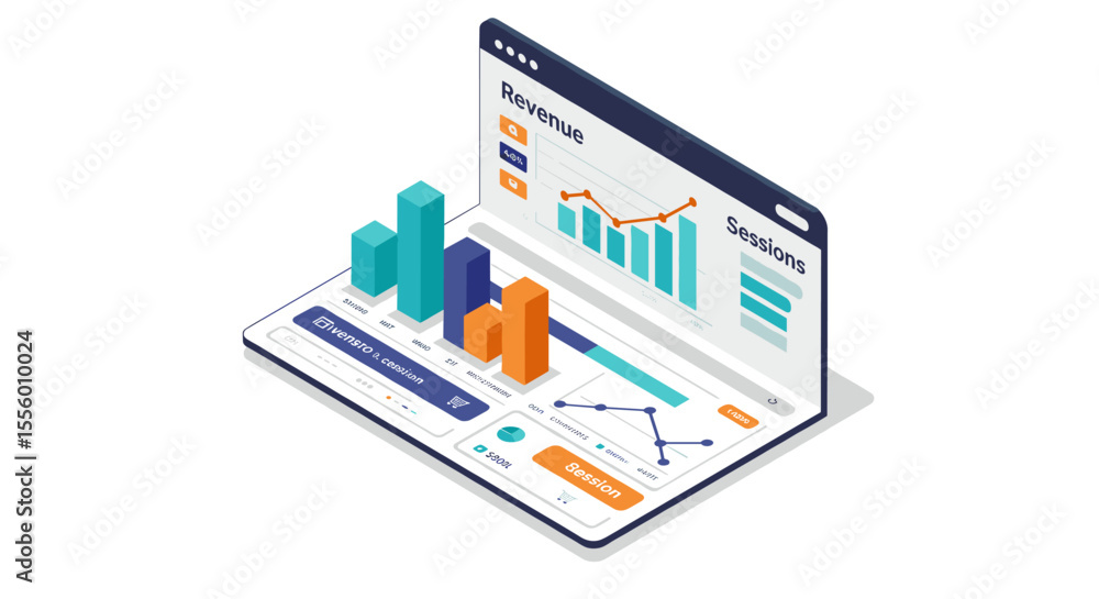 Poster business analytics isometric vector illustration: design for data visualizations