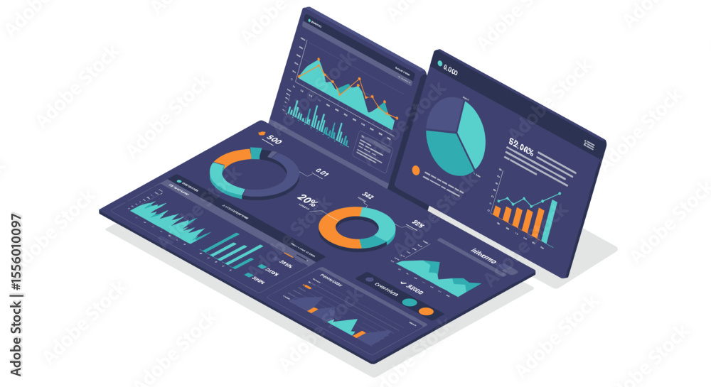 Poster isometric data analysis vector illustration for business reports and dashboard design