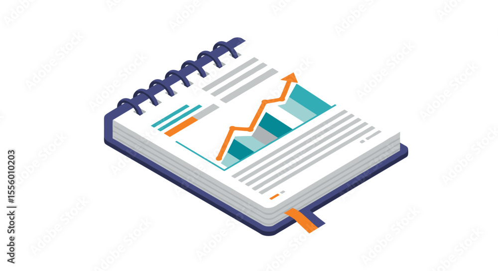 Poster isometric vector illustration of a business growth report in a spiral notebook for data analysis and