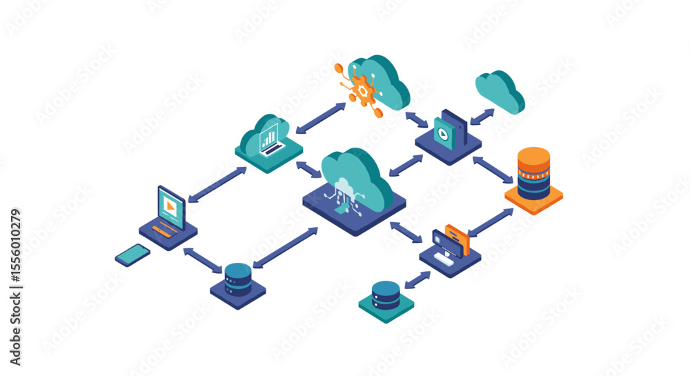Poster cloud computing network vector illustration for technology design in isometric style