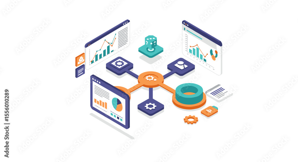 Poster data analytics and visualization vector illustration for business strategy design in isometric style