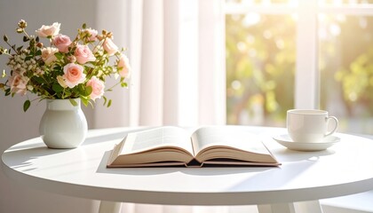 Serene morning reading scene with open book, roses, and a cup of coffee