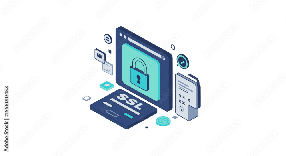 Poster isometric vector illustration of ssl encryption in web security design