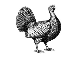 Hand-drawn vintage Thanksgiving turkey, retro holiday bird illustration, black sketch line art, antique seasonal decor, trendy wall motif, old engraving style, autumn harvest art