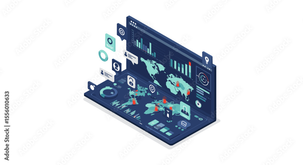 Poster isometric data analysis concept vector illustration for business design and technology interface