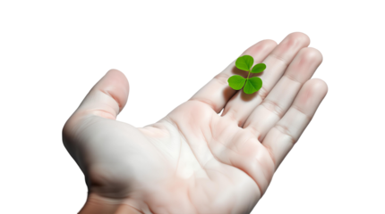 Photo of hand holding small four-leaf clovers isolated on transparent background