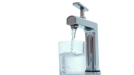 Photo of faucet filling water in glass isolated on transparent background