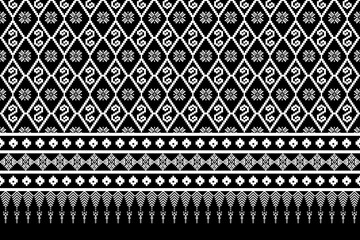 Traditional Black and White Woven Textile with Geometric and Floral Motifs