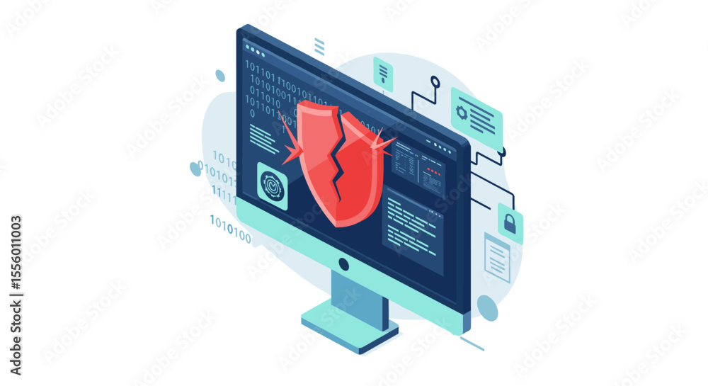 Poster cybersecurity threat vector illustration - broken shield on computer screen for security design