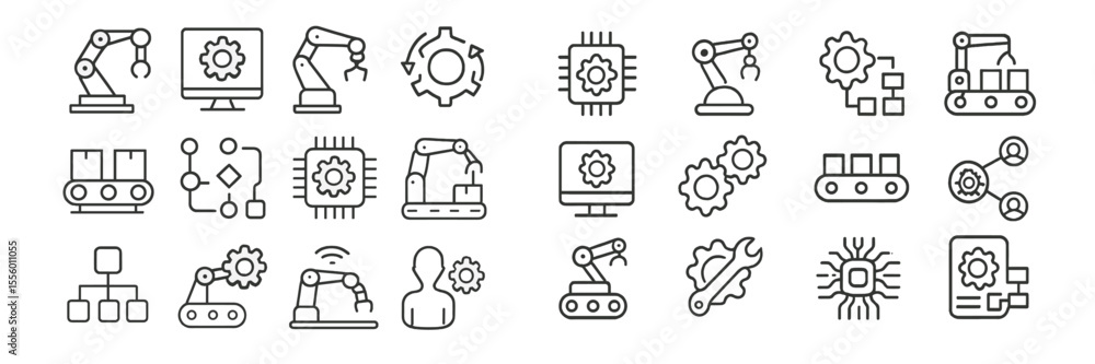 Poster collection of robotic and automation icons illustrating various industrial processes and technologie