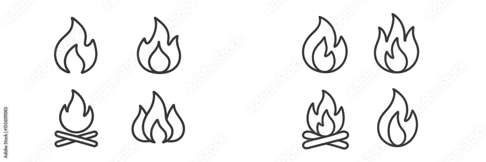 Poster collection of simple fire icons in various styles for graphic design and digital artwork projects
