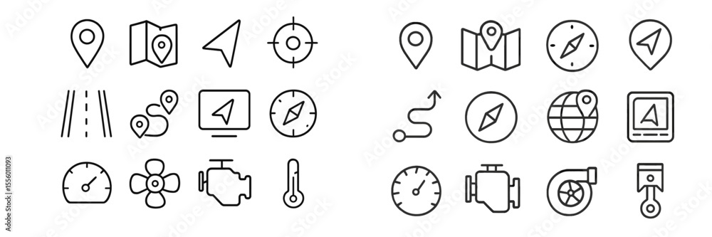 Poster collection of travel and navigation icons featuring maps, compasses, and directional symbols in simp
