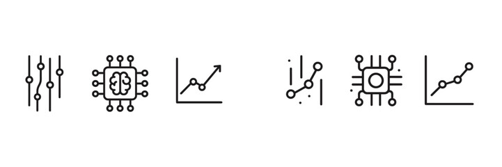 Icons representing artificial intelligence, data analytics, and technological growth trends in a minimalist design