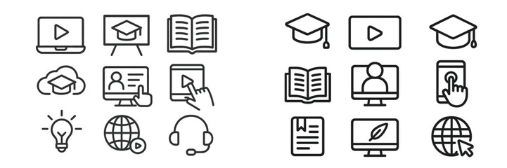 Educational icons illustrating online learning tools for students in a digital classroom environment
