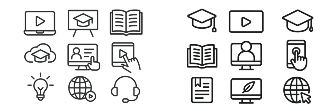 Educational icons illustrating online learning tools for students in a digital classroom environment